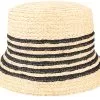Raffia Cloche With Stripe Linen/Black Straw Hat - Seeberger