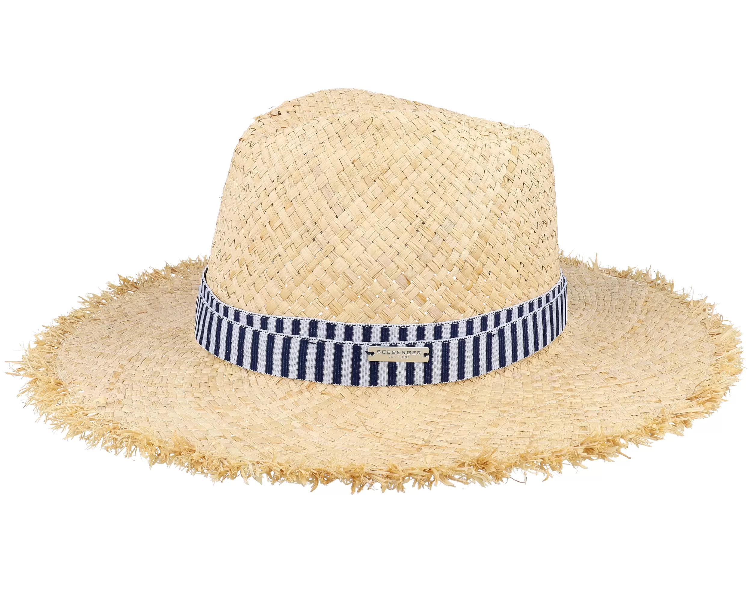 Raffia Fedora With Stripy Nature-Navy Straw Hat - Seeberger 1 Raffia Fedora With Stripy Nature-Navy Straw Hat - Seeberger