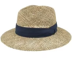 100% Seagras Natural/Swallow Blue Straw Fedora - Seeberger